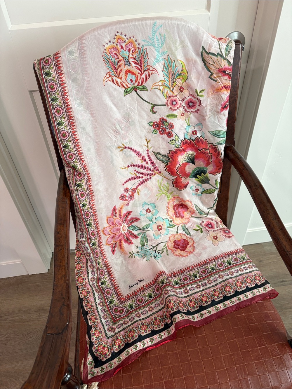 Johnny Was 100% Silk Floral Scarf—GORGEOUS! Reds, Pinks, Greens & More. EUC! - Picture 4 of 6